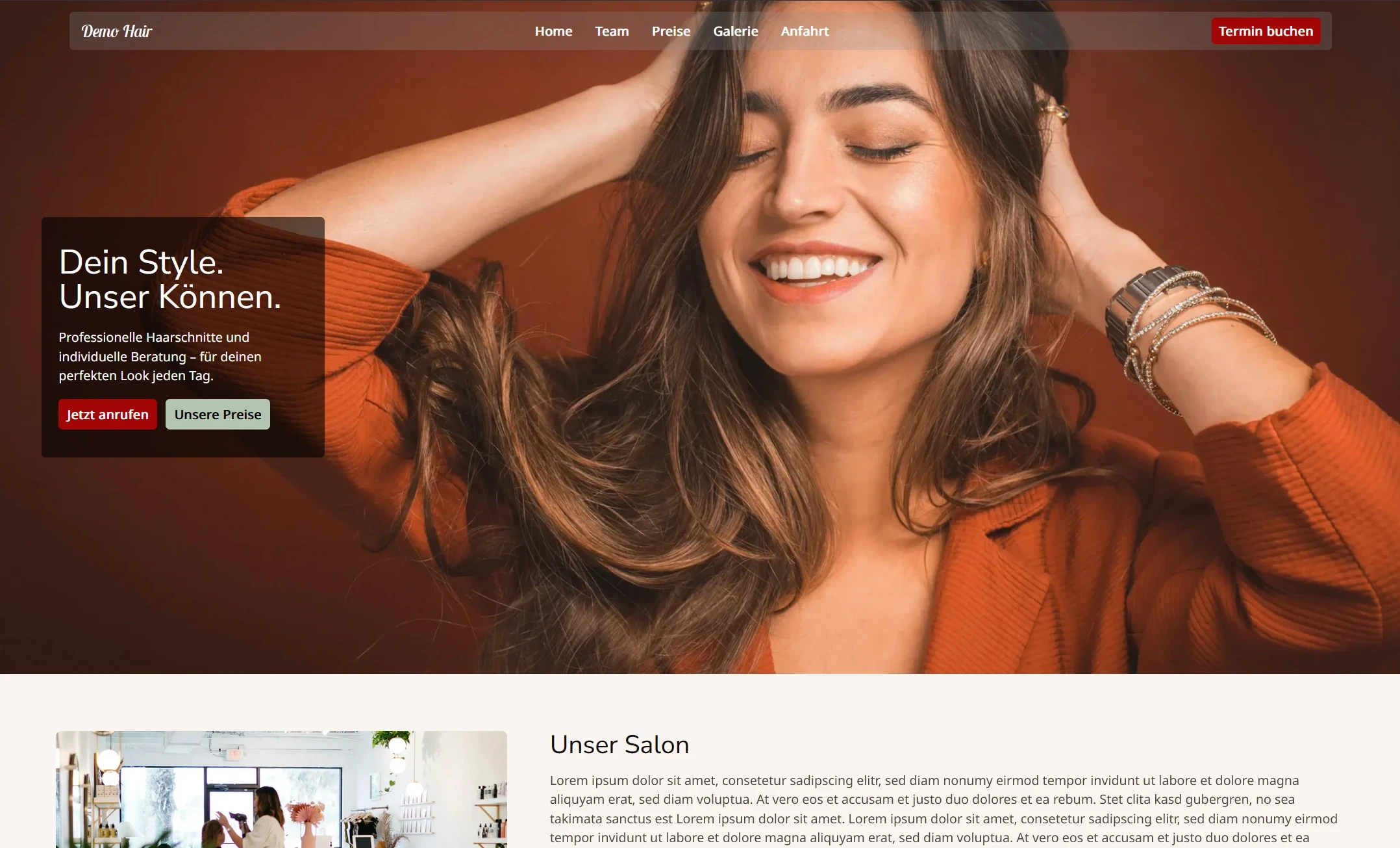 Screenshot der Homepage des Demo-Hair Friseursalons.